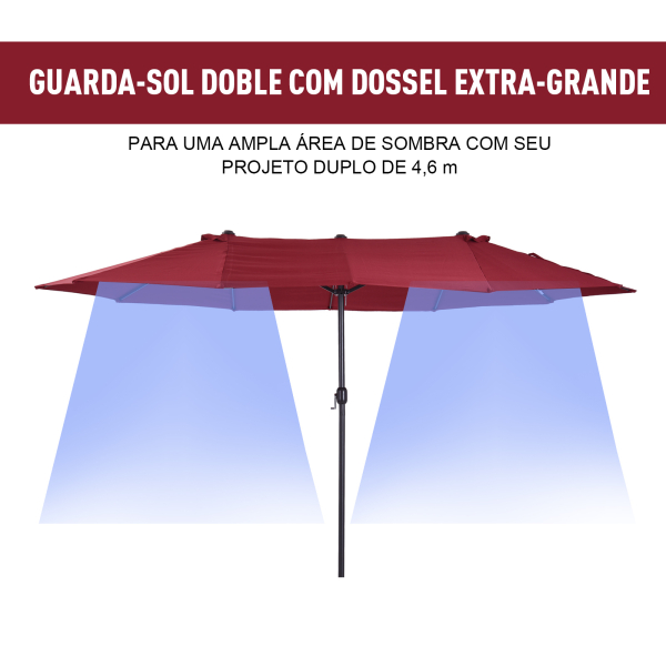 Outsunny Chapéu de Sol Duplo 4,55x2,68x2,38 m  Chapéu de Sol de Jardim com Manivela Manual Resistente à Água e com Proteção Solar UV para Terraço Pátio Vinho - Image 4