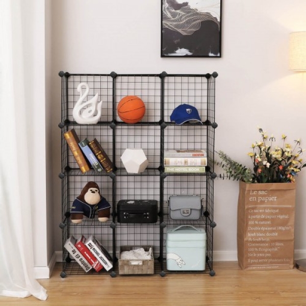 SONGMICS 12 Cubos de Grade de Arame, Unidade de Prateleiras Intertravadas com Prateleiras de Malha de Metal e Folhas de Plástico PP, para Livros, Sapatos, Brinquedos, Roupas, Ferramentas, na Sala de Estar e Banheiro, Preto LPI34H - Image 3