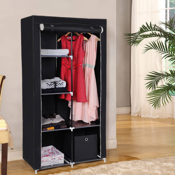 Guarda-roupa de tecido SONGMICS, organizador de roupas com 2 trilhos para pendurar, 6 prateleiras, design personalizável, 88 x 45 x 168 cm, para quarto, departamento, preto RYG84H - Image 3