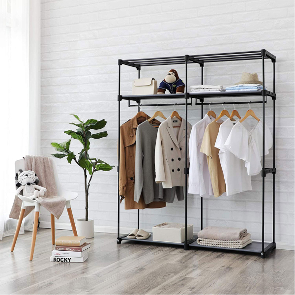 Guarda-roupa SONGMICS, guarda-roupa para quarto com 2 varões, guarda-roupa portátil de tecido, dobrável, cabideiro para armário, 43 x 140 x 174 cm, preto RYG02BK - Image 2