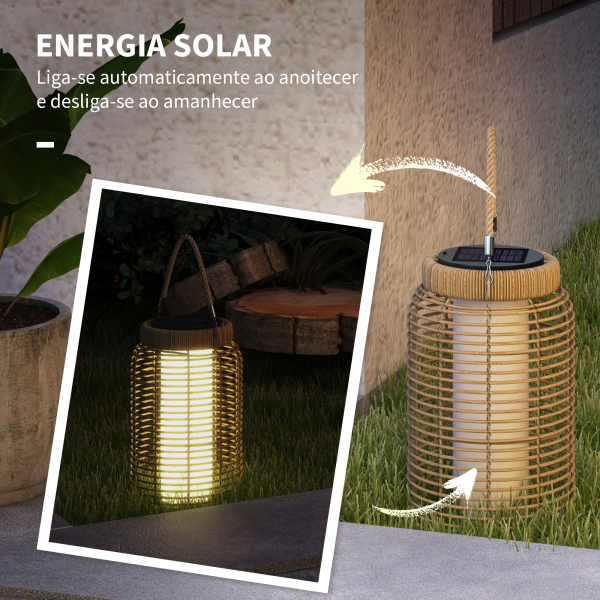 Outsunny Lanterna Decorativa de Vime Lanterna Solar de Exterior com Painel Solar Luzes LED Ligação Automática Ø18x37 cm Preto e Areia - Image 4