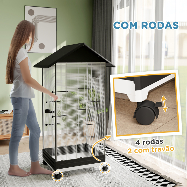 PawHut Gaiola para Pássaros Metálica com com Rodas Bandeja Amovível 4 Portas 2 Comedouros e 8 Poleiros 79x65x155 cm Preto - Image 7