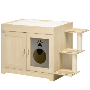 PawHut Caixa de Areia para Gatos de Madeira com Cama Almofada Suave 3 Plataformas e Postes de Sisal 107x54x70cm Carvalho