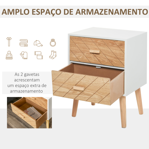 HOMCOM Mesa de Cabeceira com 2 Gavetas Espaço de Armazenamento para Dormitório 40x30x55,5 cm Branco e Madeira - Image 5