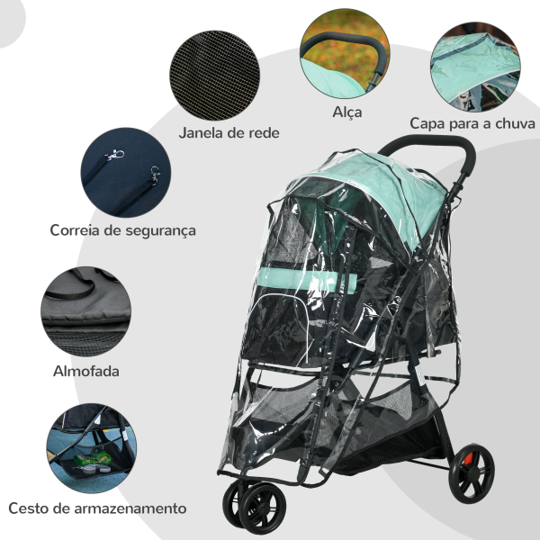 PawHut Carrinho para Cães Dobrável para Cães Pequenos com Cesta de Armazenamento Janela de Malha Capa para Chuva 80,5x51,5x100 cm Verde - Image 7