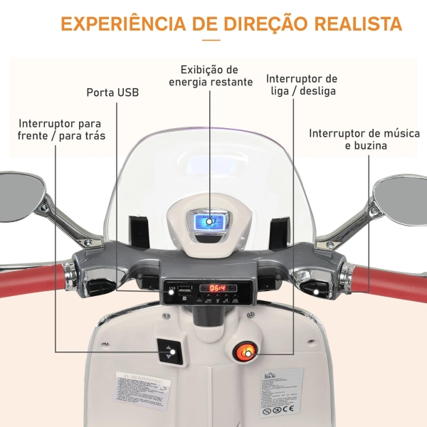 HOMCOM Mota Elétrica Vespa com Faróis Música 2 Rodas Auxiliares para Crianças acima de 3 Anos 108x49x75 cm Branco - Image 6