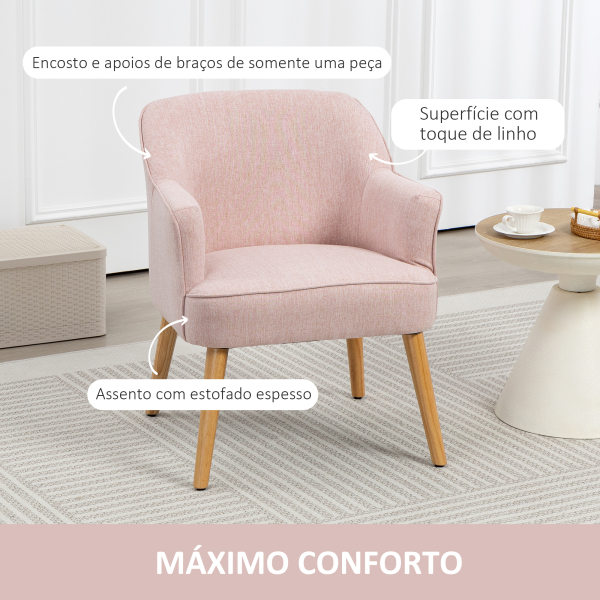 HOMCOM Poltrona Estilo Nórdico Estofada em Linho com Pés de Madeira para Dormitório Escritório Estúdio 64,5x65x79,5 cm Rosa - Image 4