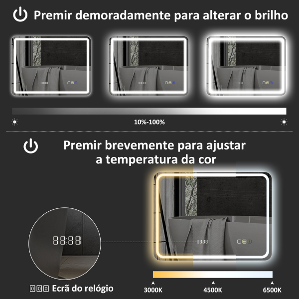 HOMCOM Espelho de Casa de Banho com Luz LED 70x50 cm Bluetooth 3 Cores de Luz Relógio Digital Função Antiembaciamento Memória Prata - Image 6