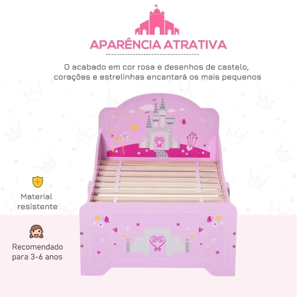 HOMCOM Cama Infantil acima de 3 Anos Cama para Crianças de Madeira com Barreira de Proteção Carga Máx. 50kg 143x73x60cm Rosa - Image 4
