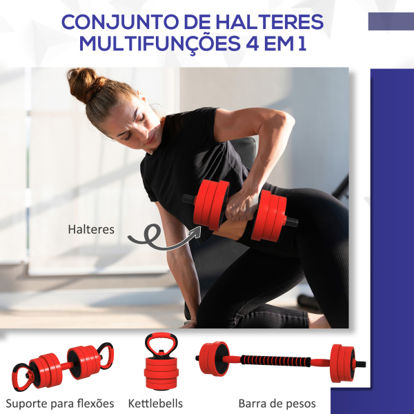 SPORTNOW Conjunto de Halteres 20kg 4 em 1 Conjunto de Pesos com Kettlebell Barra de Pesos para Treino de Força em Casa Ginásio Vermelho - Image 4