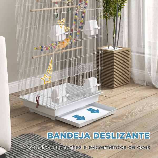 PawHut Gaiola para Passáros de Metal com Portas 4 Comedouros 3 Poleiros Baloiço Escadas e Bandeja Removível  46x36x100 cm Branco - Image 5