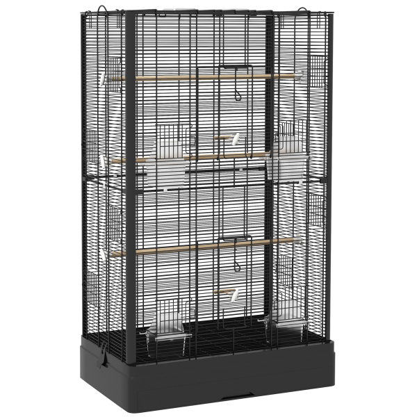 PawHut Gaiola para Pássaros 61x36,5x98 cm com Portas Poleiros Bandeja Removível e Alças para Canários Periquitos Preto