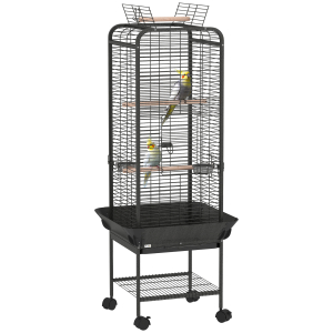 PawHut Gaiola para Pássaros com Rodas Poleiros Comedouros Prateleira e Bandeja Amovível 62,5x62,5x146 cm Cinza Escuro