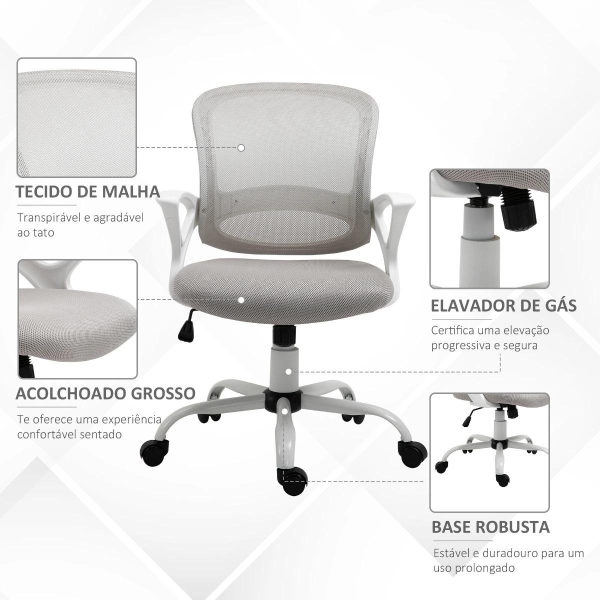 Vinsetto Cadeira de Oficina Ergonômica Basculante com Altura Ajustável Assento Giratório 360° Suporte Lombar e Malha Transpirável 61x61x89-99cm Cinza e Branco - Image 8