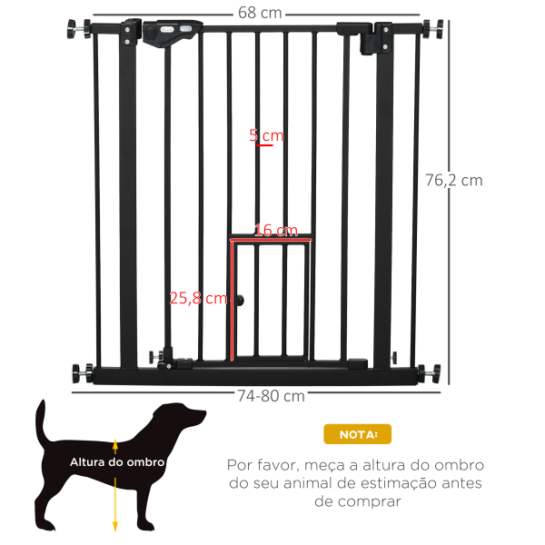 PawHut Barreira de Segurança para Animais de Estimação 74-80cm com Porta com Fechamento Automático e Sistema de Duplo Bloqueio Altura 76,2cm Preto - Image 3