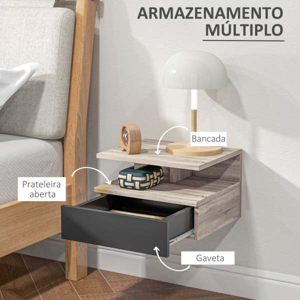 HOMCOM Conjunto de 2 Mesas de Cabeceira Flutuante com 1 Gaveta e Prateleira Aberta com Desenho Moderno Montado na Parede 35x32x22,5cm Carvalho Preto - Image 5