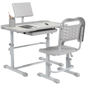 ZONEKIZ Conjunto de Secretária e Cadeira para Crianças com Altura Ajustável e Ângulo da Mesa Ajustável 80x49,5x82-104 cm Cinza e Branco