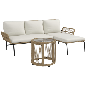 Outsunny Conjunto de Móveis de Jardim em Vime com Sofá de 2 Lugares Chaise Longue Almofadas e Mesa Auxiliar Creme e Madeira