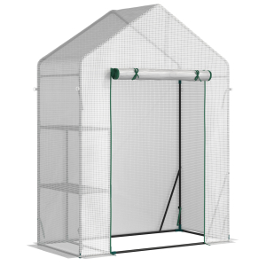 Outsunny Estufa de Jardim 143x73x195cm Estufa de Aço com 2 Prateleiras e Porta Enrolável para Cultivos de Plantas Vasos de Flores Pátio Exterior Branco
