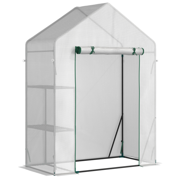 Outsunny Estufa de Jardim 143x73x195cm Estufa de Aço com 2 Prateleiras e Porta Enrolável para Cultivos de Plantas Vasos de Flores Pátio Exterior Branco