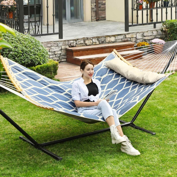 Rede SONGMICS, Rede de tecido acolchoado com espalhadores de bambu curvos removíveis, Almofada, 200 x 140 cm, Capacidade de carga 225 kg, Losango azul e bege GDC034I02 - Image 3