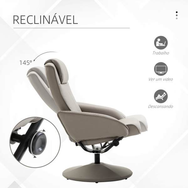 HOMCOM Poltrona Relax Reclinável até 145° com Banco de Apoio para os Pés Poltrona Giratória 360° Estofada em PU e Estrutura de Aço 78x67x98cm Cinza - Image 4