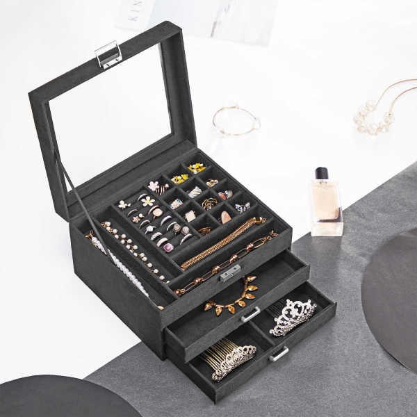 Caixa para joias SONGMICS, vitrine de veludo com 3 níveis e organizador para joias com tampa de vidro transparente, compartimentos variados para colares, pulseiras, anéis, cadeado e chave, cinza JBC158G01 - Image 3