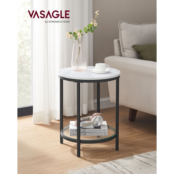 Mesa lateral VASAGLE Mesa de cabeceira 2 níveis Madeira aglomerado Vidro temperado Sala de estar Estudo Espaços pequenos Moderno Branco Efeito mármore Moldura preta LET285B13 - Image 2