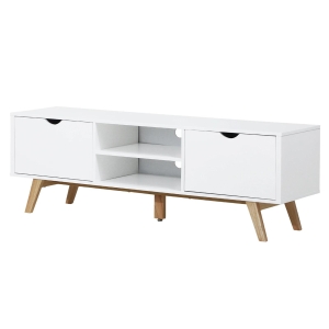 HOMCOM Móvel de TV para Televisores de até 65 Polegadas com 2 Armários Prateleiras Abertas e Puxador Oco 150x39x50 cm Branco e Madeira
