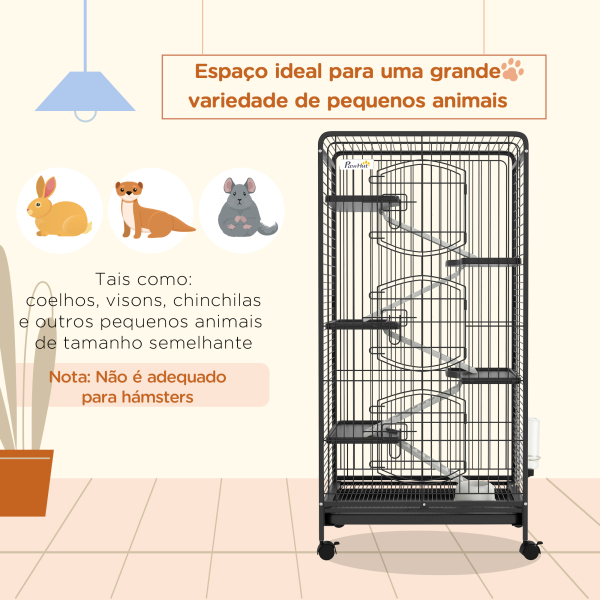 PawHut Gaiola para Pequenos Animais com 6 Níveis Gaiola para Roedores com Rodas Rampa e Bandeja Amovível  64x43,5x131 cm Preto - Image 4