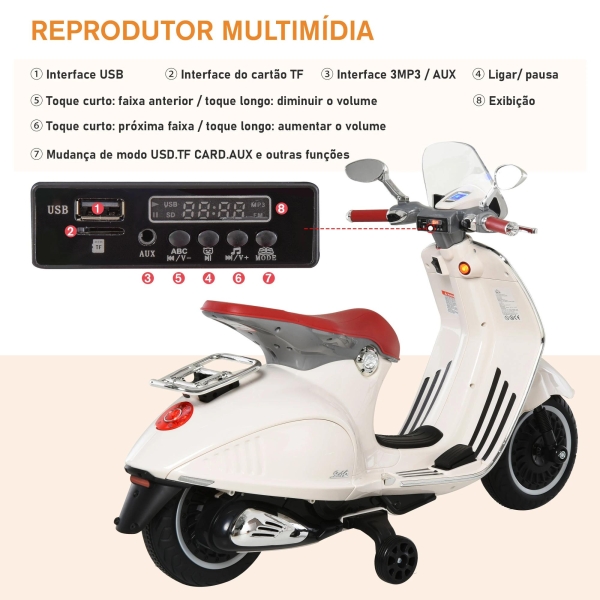 HOMCOM Mota Elétrica Vespa com Faróis Música 2 Rodas Auxiliares para Crianças acima de 3 Anos 108x49x75 cm Branco - Image 7