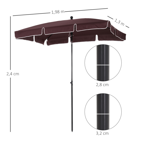 Outsunny Chapéu de Sol Retangular de Jardim 198x130x240cm Chapéu de Sol de Alumínio com Função de Inclinação para Terraço Pátio Exterior Marrom - Image 3