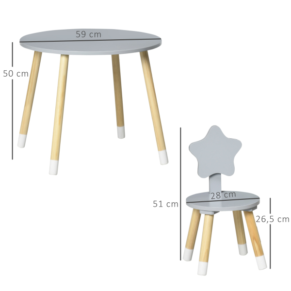 HOMCOM Conjunto de Mesa e 2 Cadeiras de Madeira para Crianças com Mesa Redonda Ø59x50cm e Cadeiras Ø28x51cm Cinza e Madeira - Image 3