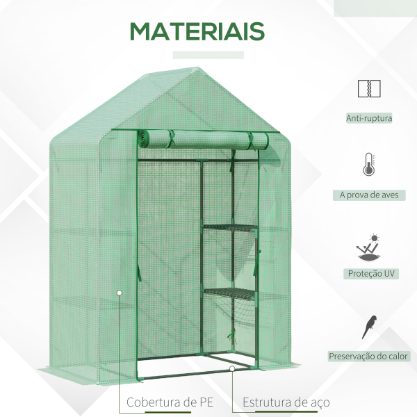 Outsunny Estufa de Jardim 140x70x190cm Estufa com 4 Prateleiras Porta Enrolável Cobertura de PE 140g/m² e Estrutura de Aço para Cultivos de Plantas Flores Verde - Image 4