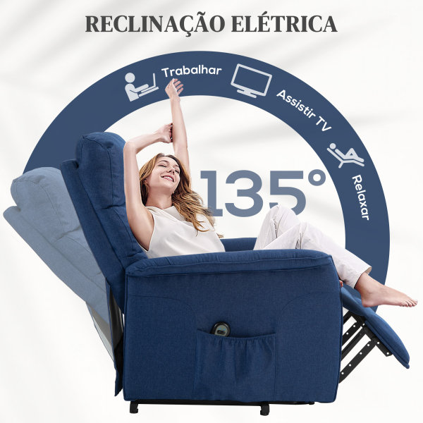 HOMCOM Poltrona Relax Reclinável Elétrica Poltrona Levanta Pessoas com Controlo Remoto e Bolso Lateral 66x90x96 cm Azul - Image 5