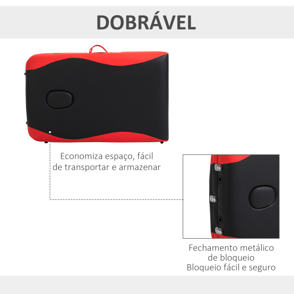 HOMCOM Marquesa de Massagem Dobrável e Portátil com Altura Ajustável Apoio para a Cabeça e Apoio para os Braços 215x60x61-84 cm Preto e Vermelho - Image 5
