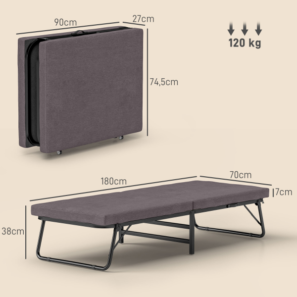 HOMCOM Cama Dobrável 70x180 cm com Colchão de Espuma Cama Dobrável com Encosto Ajustável em 5 Posições e Rodas Marrom - Image 3