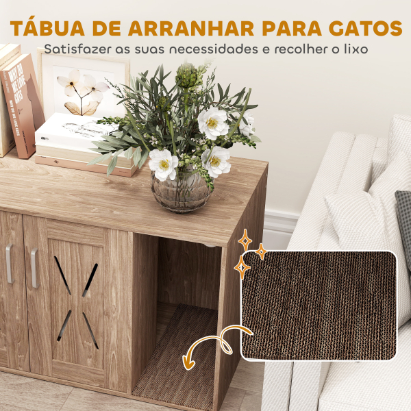 PawHut Móvel Caixa de Areia para Gatos 3 em 1 com Portas Tapete para Arranhar e Compartimento p 80x48x50,5 cm Castanho - Image 7