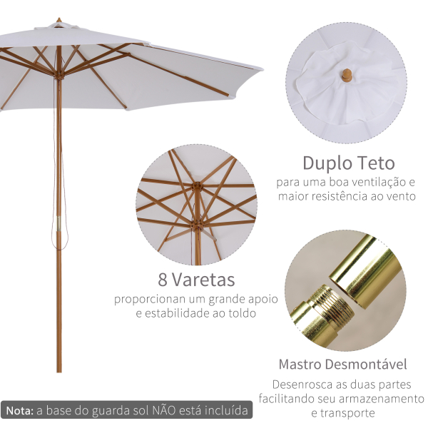 Outsunny Chapéu de Sol de Jardim Ø300x250cm com Sistema de Polia Teto Ventilado e Mastro Desmontável de Madeira para Terraço Pátio Exterior Branco - Image 4