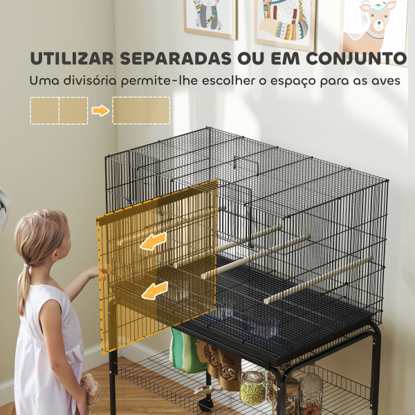 PawHut Gaiola para Pássaros com Divisória Rodas Gaiola para Aves com Comedouros Poleiros e Bandeja Removível 94x57x128 cm Preto - Image 4