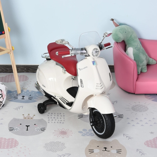 HOMCOM Mota Elétrica Vespa com Faróis Música 2 Rodas Auxiliares para Crianças acima de 3 Anos 108x49x75 cm Branco - Image 2