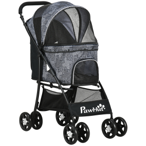 PawHut Carrinho para Cães Dobrável para Cães Pequenos com Cesta de Armazenamento Capota Ajustável Janela de Malha 81x48x99 cm Cinza