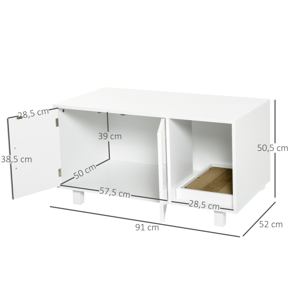 PawHut Móvel Caixa de Areia para Gatos com Porta com Arranhador Caixa de Areia para Gatos de Interior 91x52x50,5 cm Branco - Image 3