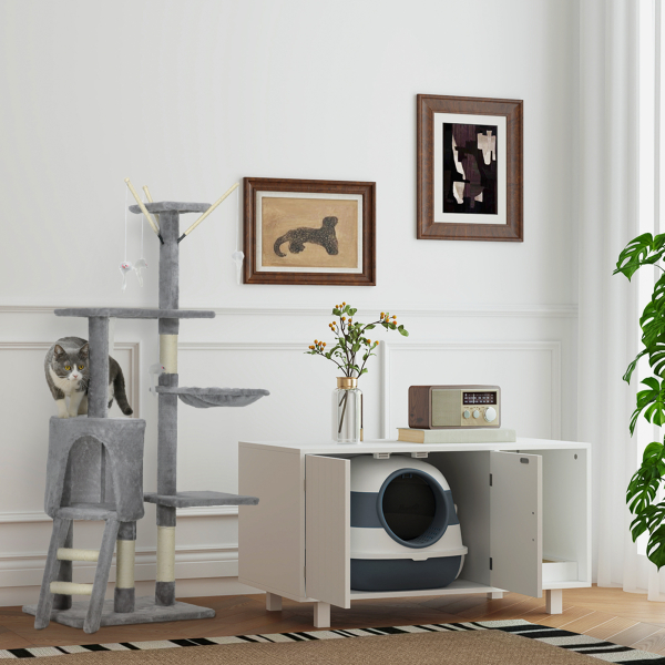 PawHut Móvel Caixa de Areia para Gatos com Porta com Arranhador Caixa de Areia para Gatos de Interior 91x52x50,5 cm Branco - Image 8