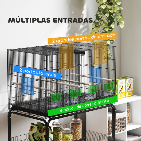 PawHut Gaiola para Pássaros com Divisória Rodas Gaiola para Aves com Comedouros Poleiros e Bandeja Removível 94x57x128 cm Preto - Image 6