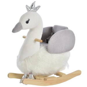 HOMCOM Cavalo Baloiço para Bebés com Forma de Cisnei com Sons Apoio para os Pés e Cinto de Segurança 60x33x59 cm Branco e Cinza
