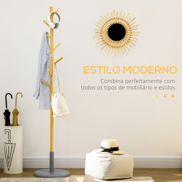 HOMCOM Cabide de Pé de Bambu Moderno com 8 Ganchos para Roupas Bolsas  Ø37,8x175,6 cm Madeira e Cinza - Image 4