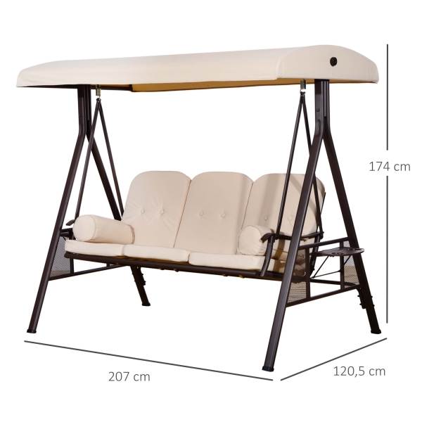Outsunny Banco Baloiço de Jardim de 3 Lugares com Teto 2 Almofadas Suporte para Bebidas e Estrutura de Metal para Terraço Balcão Exterior Carga Máxima 360kg 207x120,5x174cm Bege - Image 3