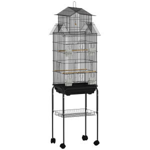 PawHut Gaiola de Metal para Pássaros com Bandeja Amovível Rodas 4 Comedouros 3 Poleiros e 1 Baloiço 50,5x41x163 cm Preto