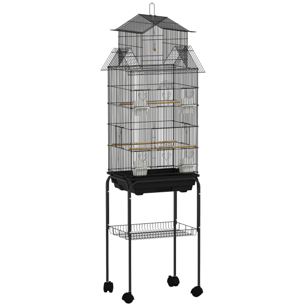 PawHut Gaiola de Metal para Pássaros com Bandeja Amovível Rodas 4 Comedouros 3 Poleiros e 1 Baloiço 50,5x41x163 cm Preto